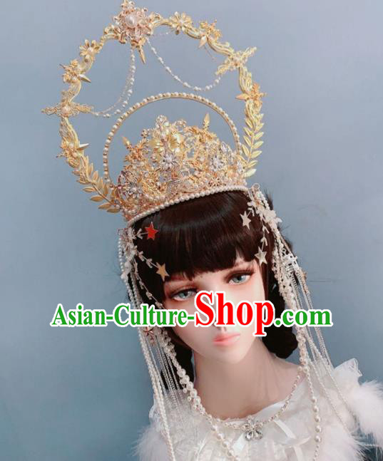 Europe Princess Golden Royal Crown Wedding Hair Accessories Handmade Goddess Headwear Europe Princess Golden Royal Crown Wedding Hair Accessories Handmade Goddess Headwear