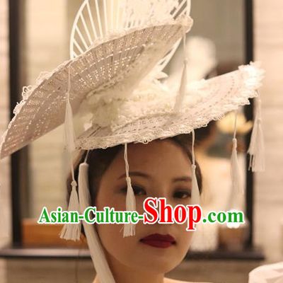 Handmade Chinese Ancient Bride Phoenix Coronet Stage Performance White Lace Fan Top Hat Traditional Wedding Hair Accessories