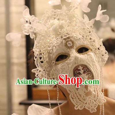 Top Stage Performance Silk Flowers Face Accessories Fancy Ball Decorations Halloween Cosplay Princess White Lace Feather Mask