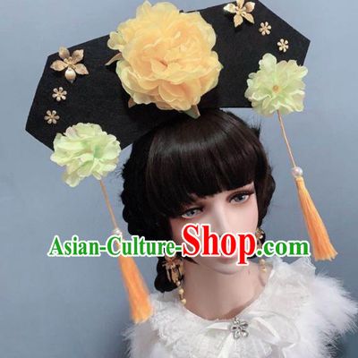China Qing Dynasty Palace Lady Headwear Traditional Drama Hair Accessories Ancient Princess Yellow Peony Hat