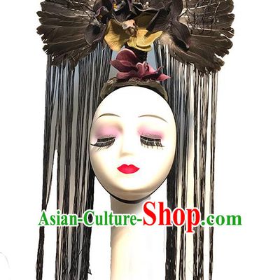 Handmade Queen Black Feather Tassel Royal Crown Stage Show Headdress Halloween Cosplay Hair Accessories