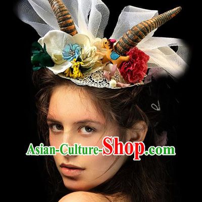 Handmade Stage Show Flowers Top Hat Headdress Halloween Cosplay Hair Accessories Princess Horn Royal Crown