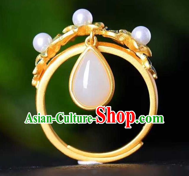 China Ancient Court Queen Cloisonne Ring Traditional Hanfu White Chalcedony Jewelry Accessories China Ancient Court Queen Cloisonne Ring Traditional Hanfu White Chalcedony Jewelry Accessories