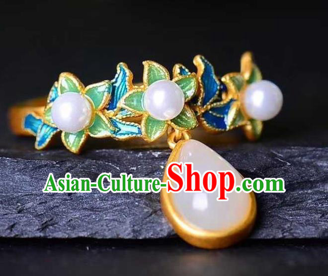 China Ancient Court Queen Cloisonne Ring Traditional Hanfu White Chalcedony Jewelry Accessories China Ancient Court Queen Cloisonne Ring Traditional Hanfu White Chalcedony Jewelry Accessories