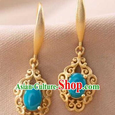 Handmade Chinese Traditional Kallaite Ear Accessories Cheongsam Golden Earrings Jewelry