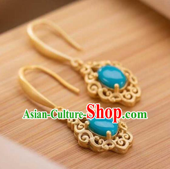 Handmade Chinese Traditional Kallaite Ear Accessories Cheongsam Golden Earrings Jewelry Handmade Chinese Traditional Kallaite Ear Accessories Cheongsam Golden Earrings Jewelry