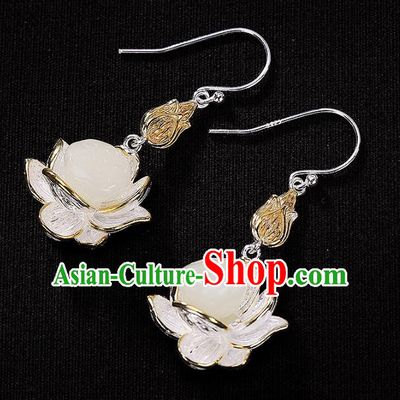 Handmade Chinese Traditional White Jade Lotus Seedpod Ear Accessories Cheongsam Earrings Jewelry