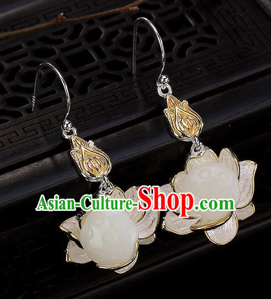 Handmade Chinese Traditional White Jade Lotus Seedpod Ear Accessories Cheongsam Earrings Jewelry