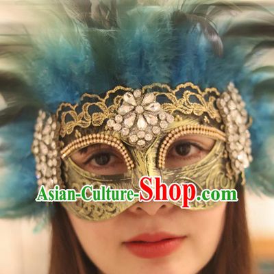 Top Stage Performance Blue Feather Face Accessories Fancy Ball Decorations Crystal Blinder Halloween Cosplay Flowers Mask