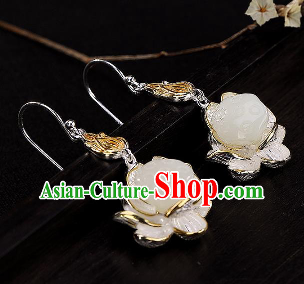 Handmade Chinese Traditional White Jade Lotus Seedpod Ear Accessories Cheongsam Earrings Jewelry