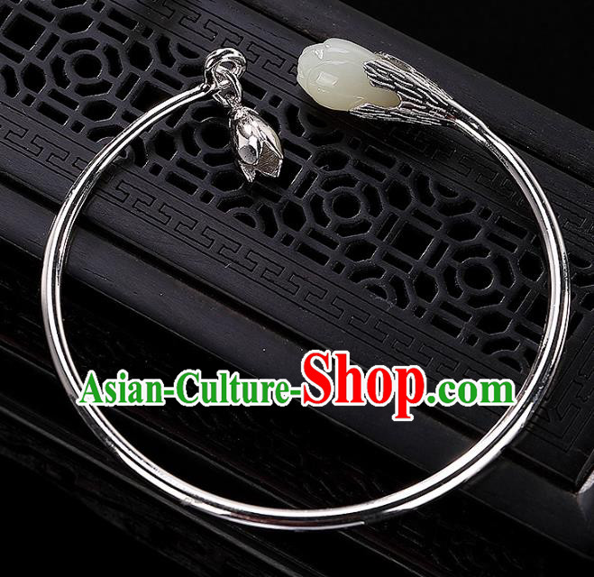 China Traditional National Accessories Silver Bracelet White Jade Mangnolia Bangle