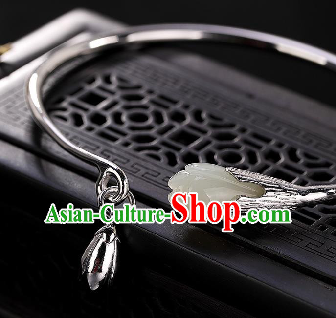 China Traditional National Accessories Silver Bracelet White Jade Mangnolia Bangle