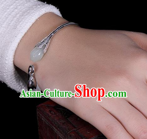 China Traditional National Accessories Silver Bracelet White Jade Mangnolia Bangle