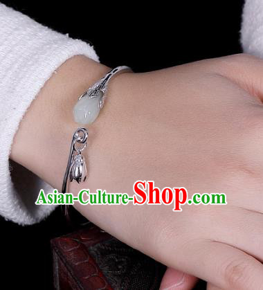 China Traditional National Accessories Silver Bracelet White Jade Mangnolia Bangle