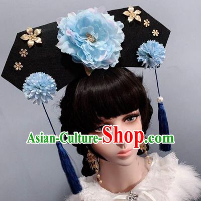 China Ancient Princess Hair Accessories Traditional Blue Peony Hat Qing Dynasty Giant Headwear