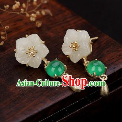 Handmade Chinese Traditional White Jade Plum Blossom Ear Accessories Classical Cheongsam Earrings Jewelry
