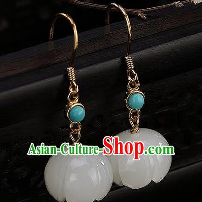 Handmade Chinese Traditional Qing Dynasty Court Ear Accessories Classical White Jade Lotus Earrings Jewelry