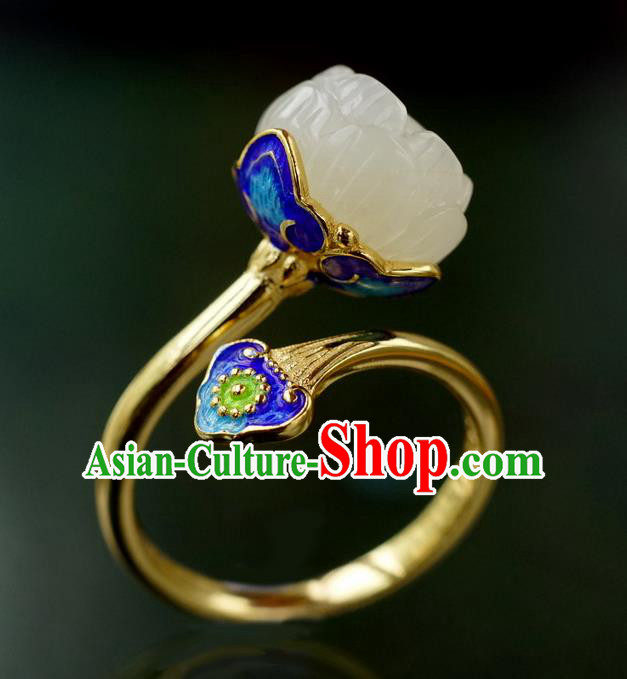 China Ancient Court Queen White Jade Lotus Seedpod Ring Traditional Cloisonne Jewelry Accessories China Ancient Court Queen White Jade Lotus Seedpod Ring Traditional Cloisonne Jewelry Accessories