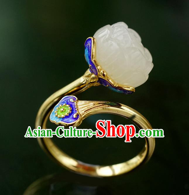 China Ancient Court Queen White Jade Lotus Seedpod Ring Traditional Cloisonne Jewelry Accessories China Ancient Court Queen White Jade Lotus Seedpod Ring Traditional Cloisonne Jewelry Accessories