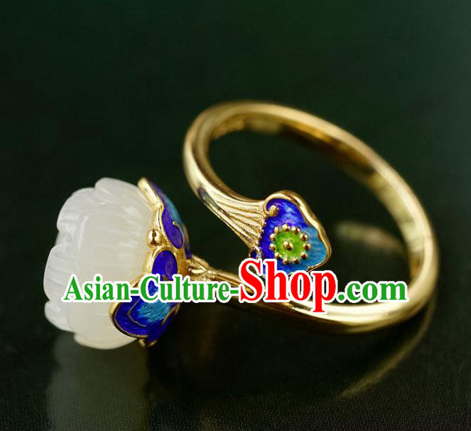 China Ancient Court Queen White Jade Lotus Seedpod Ring Traditional Cloisonne Jewelry Accessories China Ancient Court Queen White Jade Lotus Seedpod Ring Traditional Cloisonne Jewelry Accessories