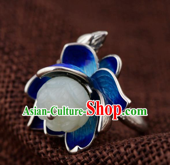 China Ancient Court Queen Cloisonne Lotus Ring Traditional Hanfu White Jade Jewelry Accessories China Ancient Court Queen Cloisonne Lotus Ring Traditional Hanfu White Jade Jewelry Accessories