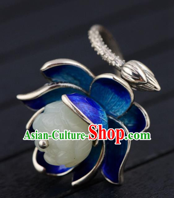 China Ancient Court Queen Cloisonne Lotus Ring Traditional Hanfu White Jade Jewelry Accessories China Ancient Court Queen Cloisonne Lotus Ring Traditional Hanfu White Jade Jewelry Accessories