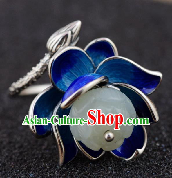 China Ancient Court Queen Cloisonne Lotus Ring Traditional Hanfu White Jade Jewelry Accessories China Ancient Court Queen Cloisonne Lotus Ring Traditional Hanfu White Jade Jewelry Accessories