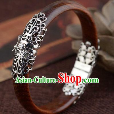 China Traditional Handmade Rosewood Bracelet National Silver Bangle Accessories