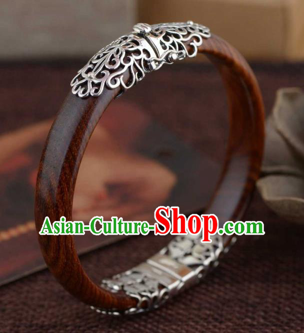 China Traditional Handmade Rosewood Bracelet National Silver Bangle Accessories China Traditional Handmade Rosewood Bracelet National Silver Bangle Accessories