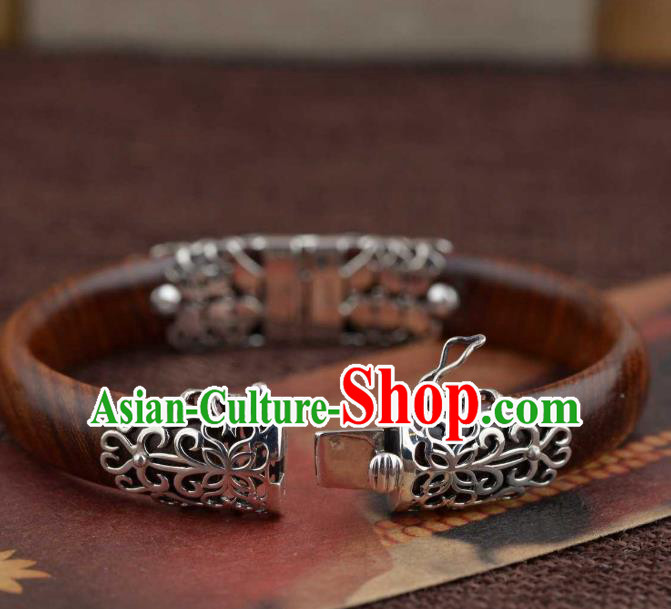 China Traditional Handmade Rosewood Bracelet National Silver Bangle Accessories China Traditional Handmade Rosewood Bracelet National Silver Bangle Accessories