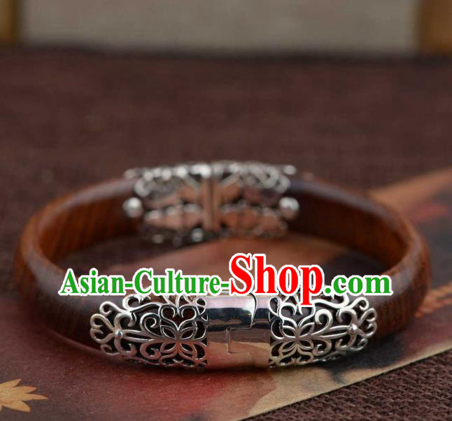 China Traditional Handmade Rosewood Bracelet National Silver Bangle Accessories China Traditional Handmade Rosewood Bracelet National Silver Bangle Accessories