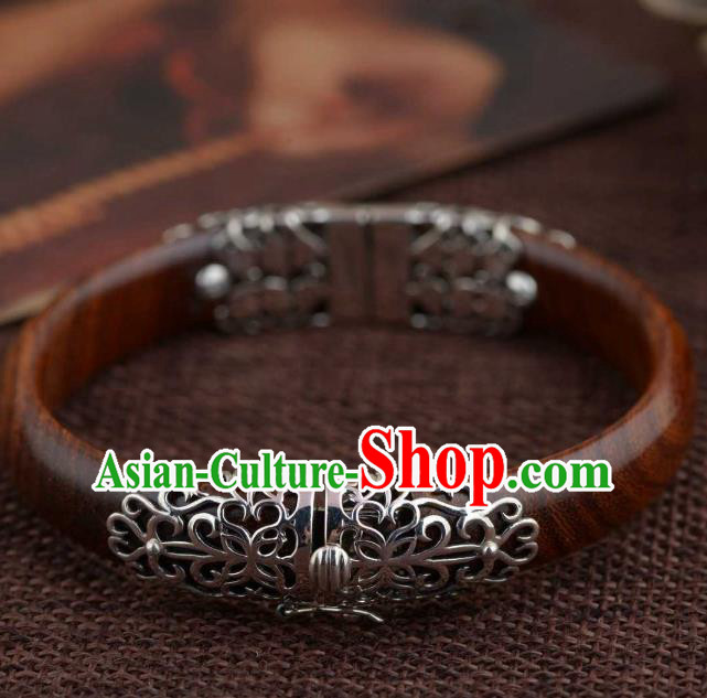 China Traditional Handmade Rosewood Bracelet National Silver Bangle Accessories China Traditional Handmade Rosewood Bracelet National Silver Bangle Accessories