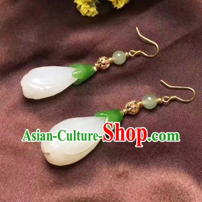 Handmade Chinese Traditional Ear Accessories Classical Qing Dynasty Court Jade Mangnolia Earrings Jewelry