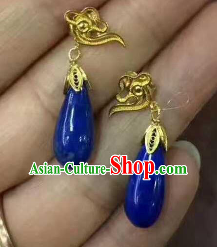 Handmade Chinese Classical Qing Dynasty Court Lapis Earrings Jewelry Traditional Ear Accessories Handmade Chinese Classical Qing Dynasty Court Lapis Earrings Jewelry Traditional Ear Accessories