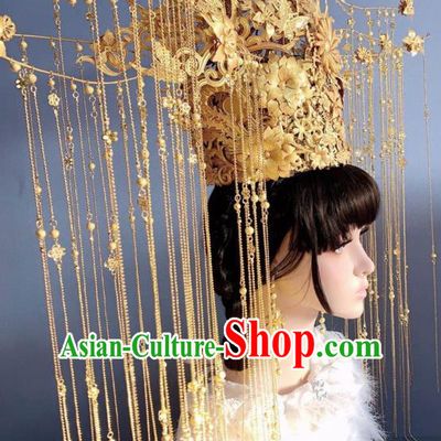 Handmade Chinese Traditional Wedding Hair Accessories Ancient Bride Deluxe Tassel Phoenix Coronet