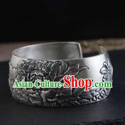 China Traditional National Bangle Accessories Carving Peony Silver Bracelet