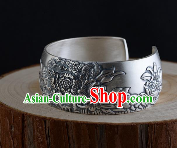 China Traditional National Bangle Accessories Carving Peony Silver Bracelet China Traditional National Bangle Accessories Carving Peony Silver Bracelet