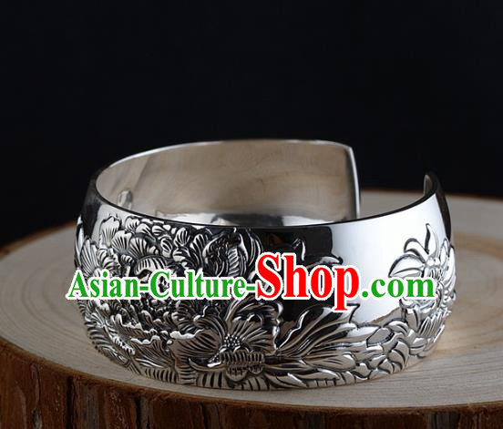 China Traditional National Bangle Accessories Carving Peony Silver Bracelet China Traditional National Bangle Accessories Carving Peony Silver Bracelet