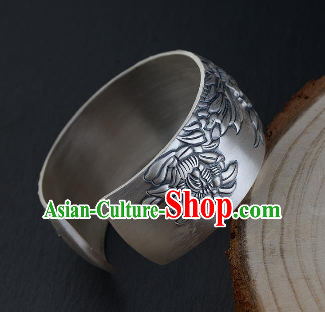 China Traditional National Bangle Accessories Carving Peony Silver Bracelet China Traditional National Bangle Accessories Carving Peony Silver Bracelet