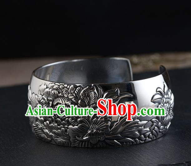 China Traditional National Bangle Accessories Carving Peony Silver Bracelet China Traditional National Bangle Accessories Carving Peony Silver Bracelet