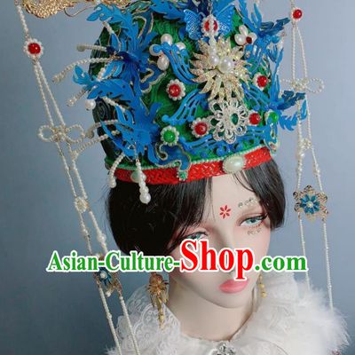 China Traditional Ming Dynasty Wedding Headwear Ancient Empress Green Phoenix Coronet Court Queen Luxury Hat