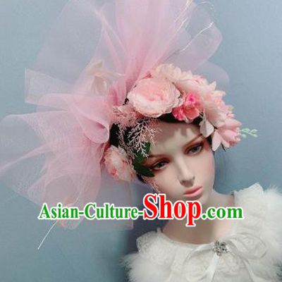 Stage Show Pink Veil Top Hat Handmade Noble Lady Wedding Hair Accessories Europe Princess Headwear