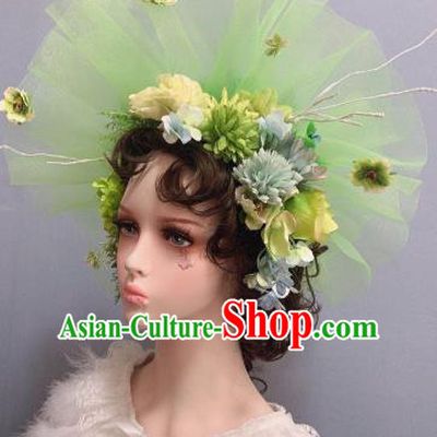 Europe Princess Light Green Veil Top Hat Handmade Noble Lady Wedding Hair Accessories Stage Show Headwear