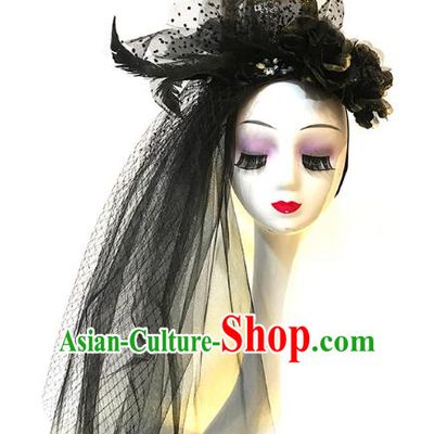 Handmade Gothic Queen Hair Accessories Stage Show Cosplay Headpiece Brazilian Carnival Black Veil Royal Crown Headwear