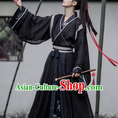 China Jin Dynasty Scholar Historical Clothing Traditional Hanfu Costume Ancient Swordsman Black Apparels for Men