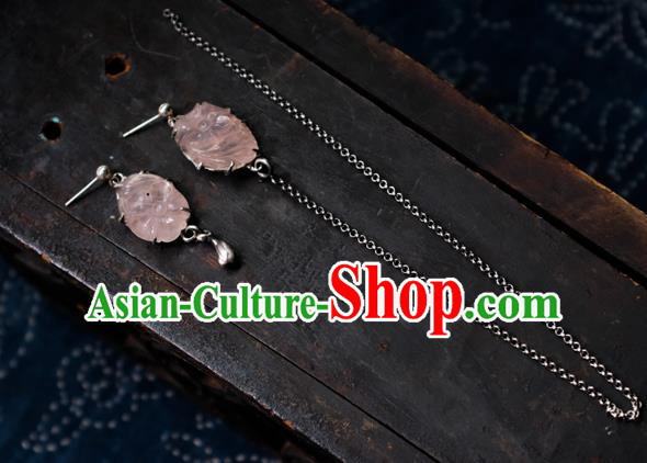 China Handmade Pink Jade Ear Accessories Traditional Ear Stud Jewelry National Earrings