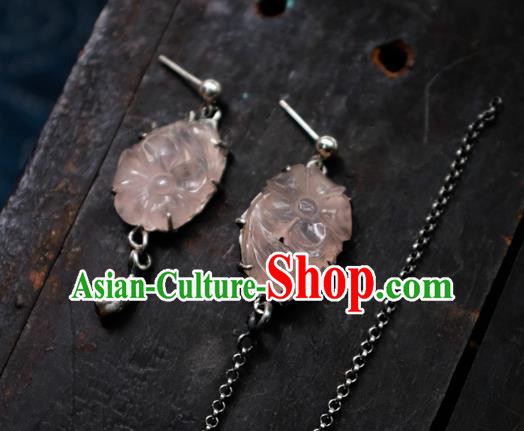 China Handmade Pink Jade Ear Accessories Traditional Ear Stud Jewelry National Earrings