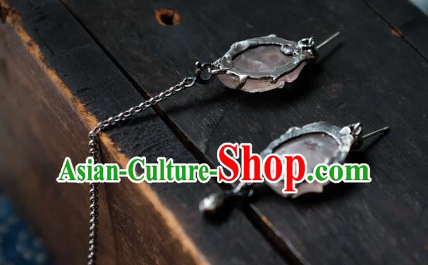 China Handmade Pink Jade Ear Accessories Traditional Ear Stud Jewelry National Earrings
