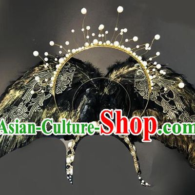 Handmade Stage Show Hair Clasp Brazilian Carnival Cosplay Queen Headwear Halloween Black Feather Wings Hair Accessories