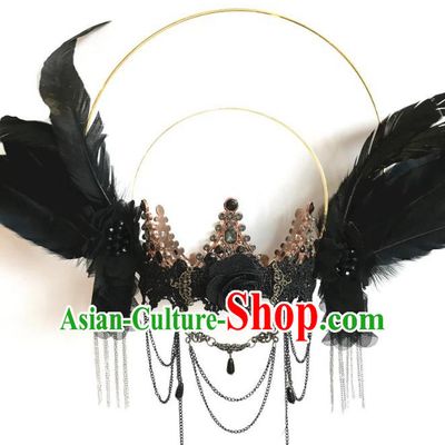 Handmade Brazilian Carnival Cosplay Goddess Queen Headwear Halloween Black Feather Wings Hair Accessories Stage Show Hair Clasp